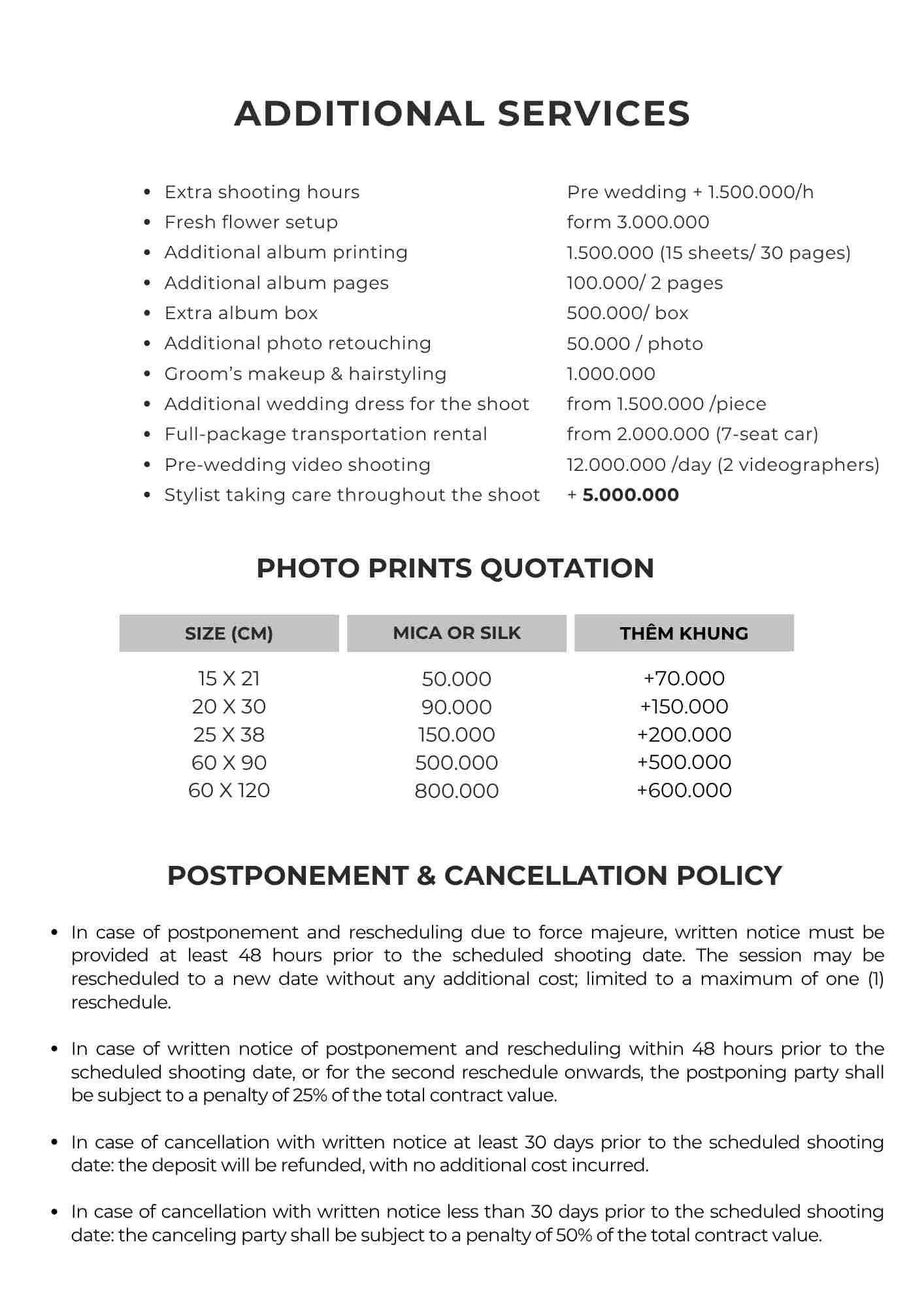 mievatho pre-wedding Additional services